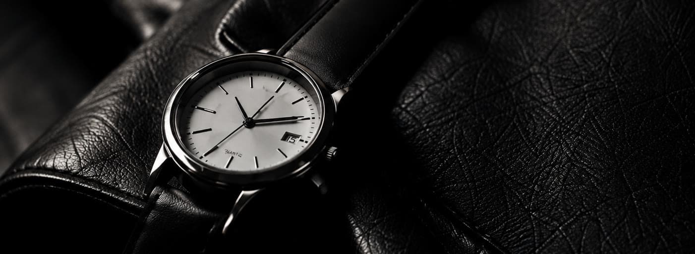 Wristwatch on dark leather, lit to pick out the case and the grain