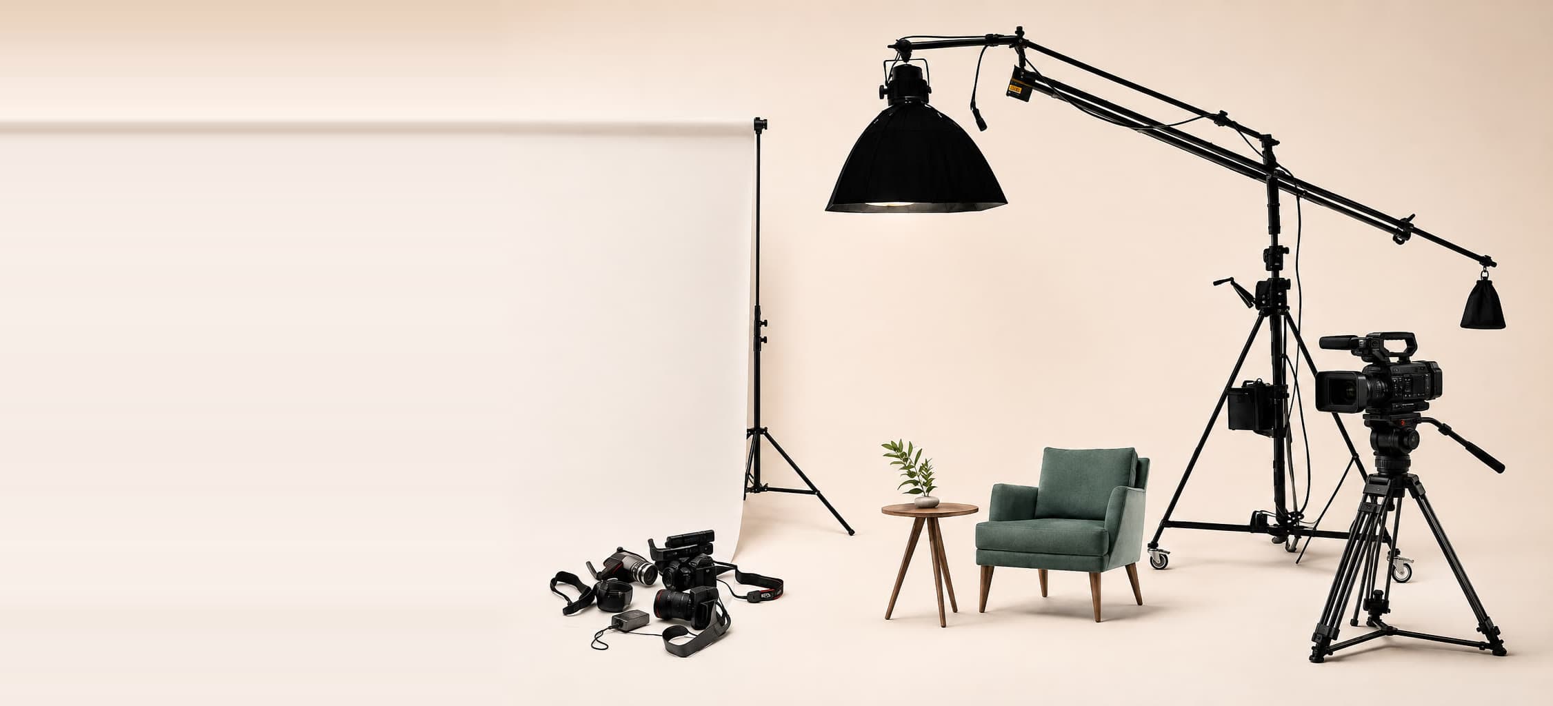 Studio floor with a seamless backdrop, boom lighting, camera bodies and a video camera on a tripod
