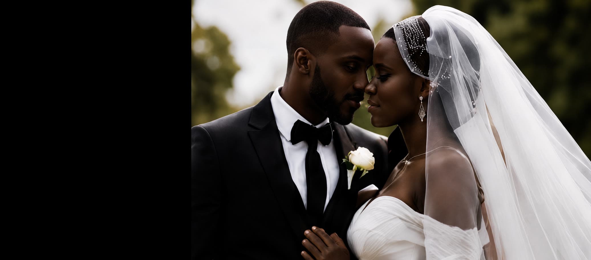 Bride in a veil and groom in a tuxedo, foreheads together, photographed outdoors